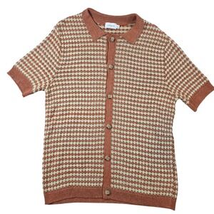 Topman Geometric Vintage Knit Button Up Polo Shirt Terracotta Large Mens Retro